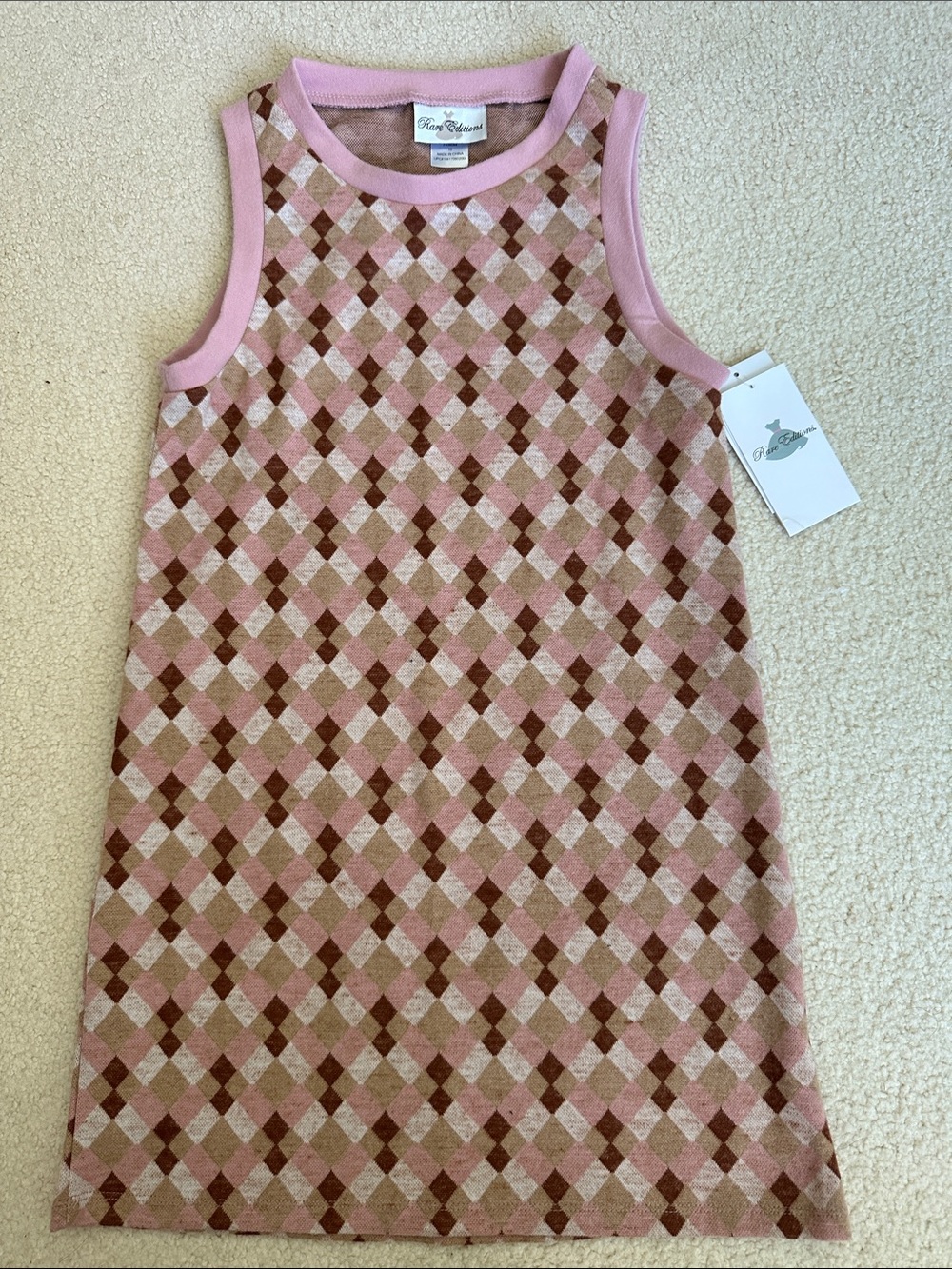 Rare Editions Pink and Brown Argyle Tank Dress
